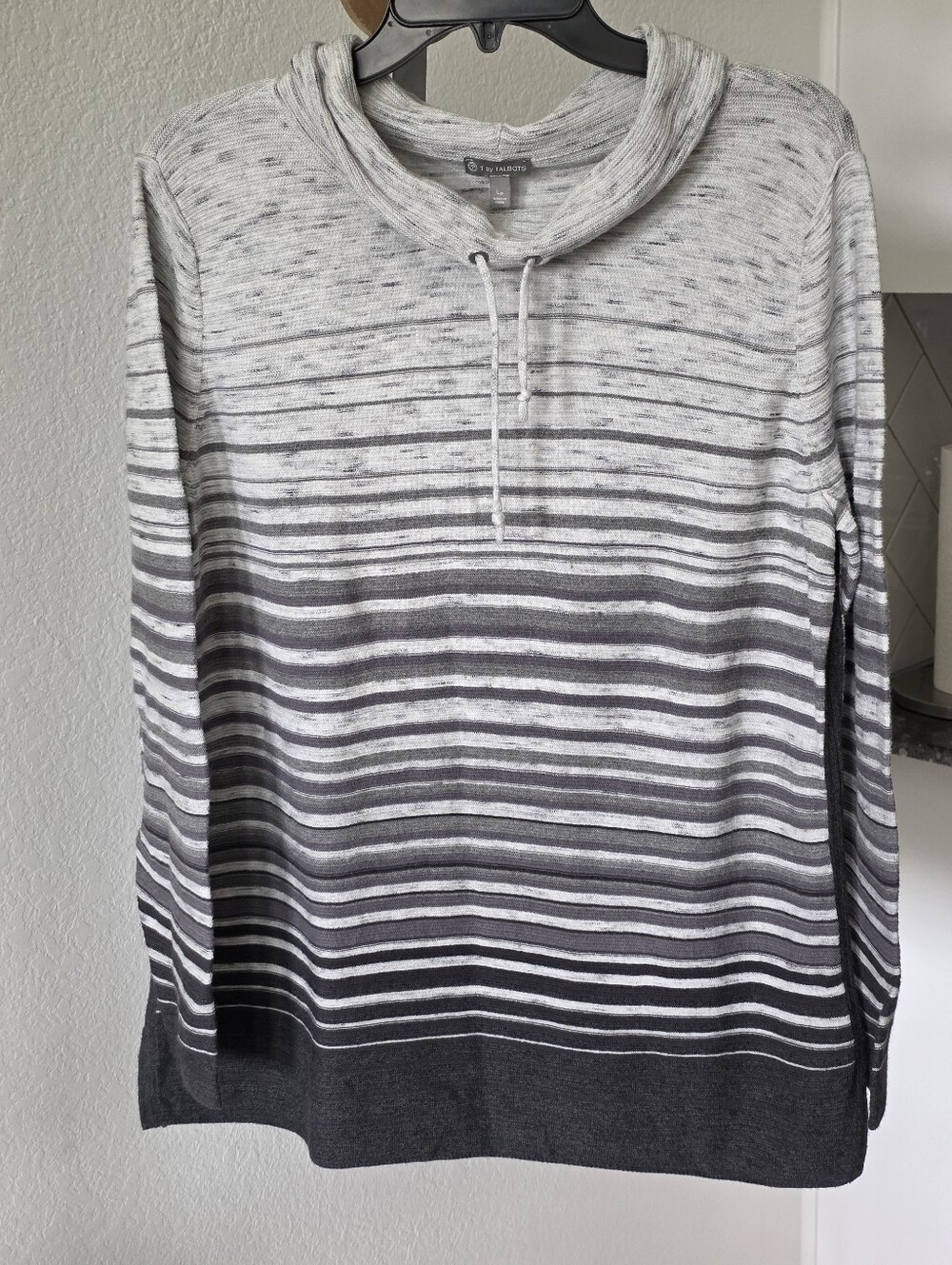 T by Talbots LP Gray Striped Cowl Neck Sweater Petite Large Drawstring Knit Top